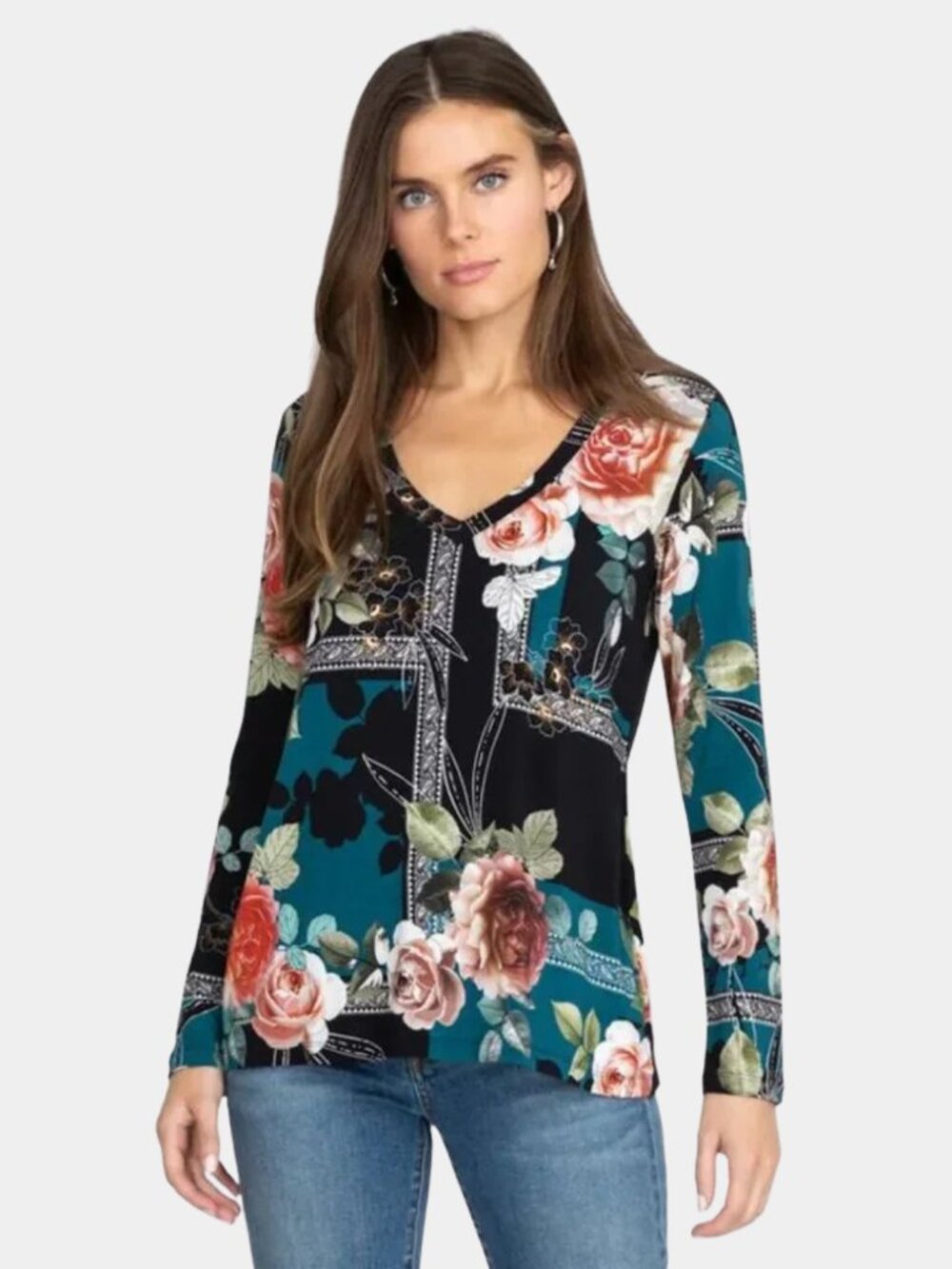 Johnny Was Rosabel Favorite Long Sleeve V-Neck Tee XXL Rose Floral Teal Boho Top
